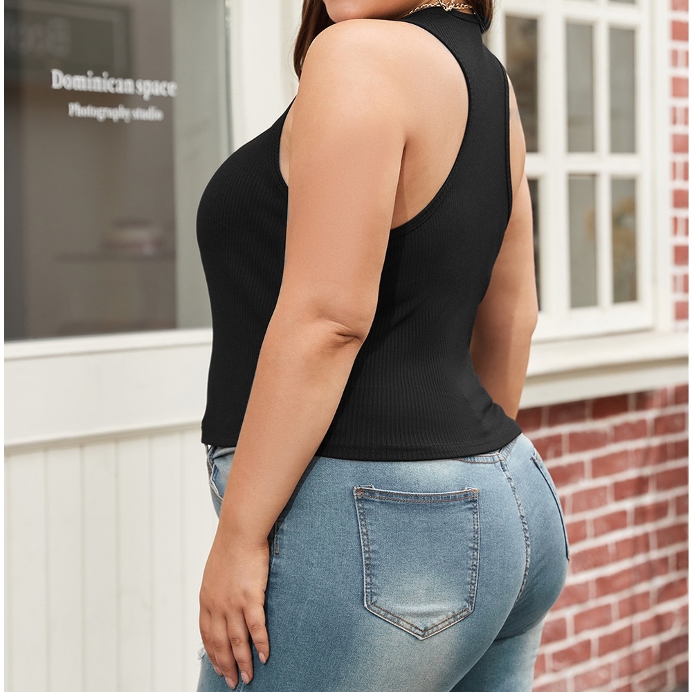 Plus Size Black Zipper Front Racerback Ribbed Tank Top - Picture 3 of 6